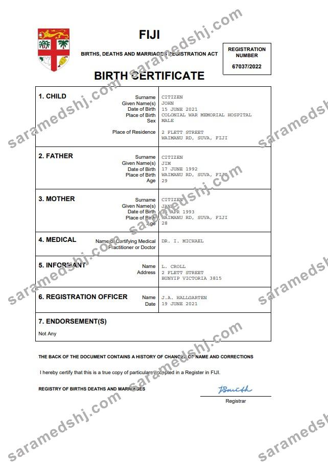 Fiji birth certificate Word and PDF template